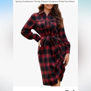 Plaid Tie-Waist Long Sleeve Shirt Dress - Red/Black